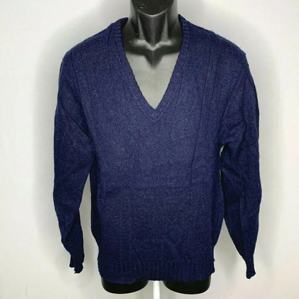 Vintage 70s Knit Pullover Sweater Dark Blue V Neck